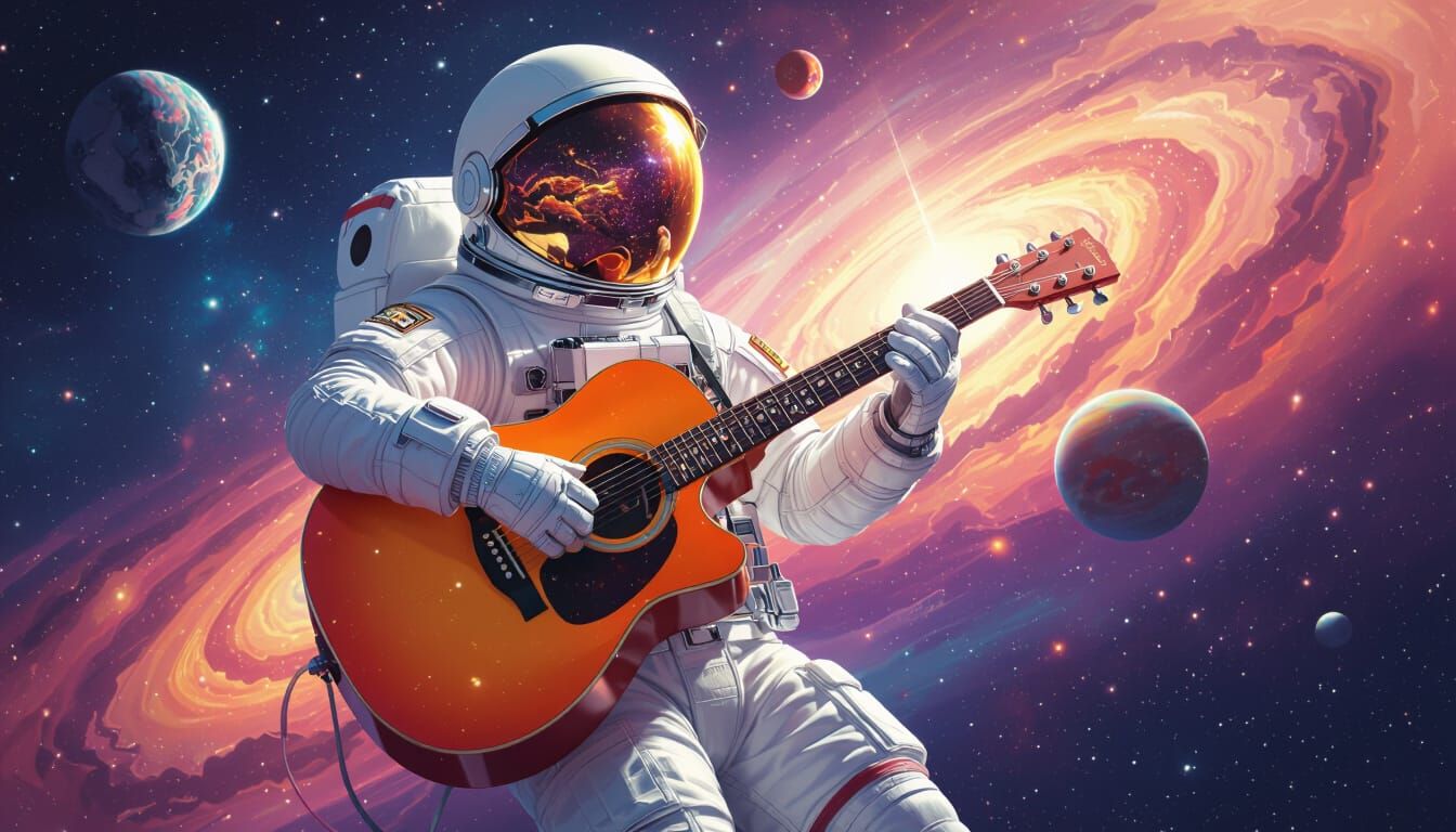 Astronaut Plays Guitar in Vibrant Cosmic Scene