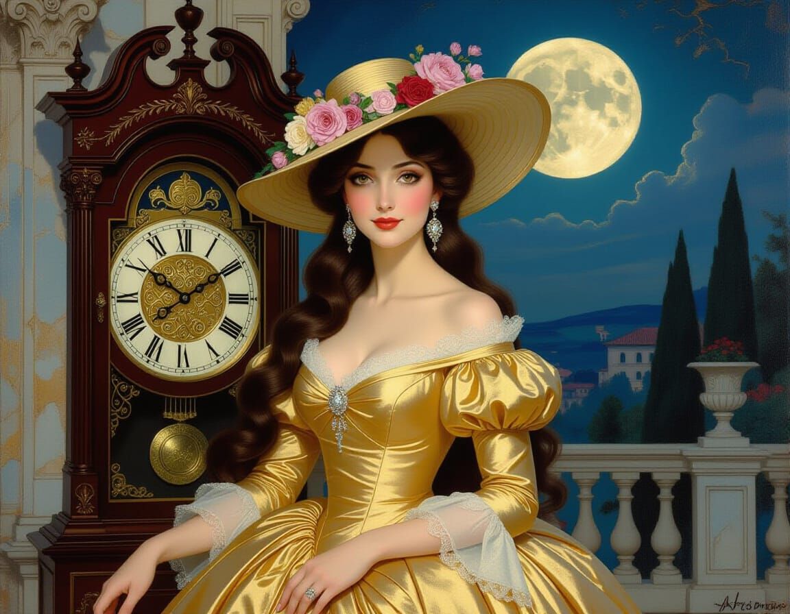 Elegant Princess Emerges from Clock in Moonlight Oil Paintin...