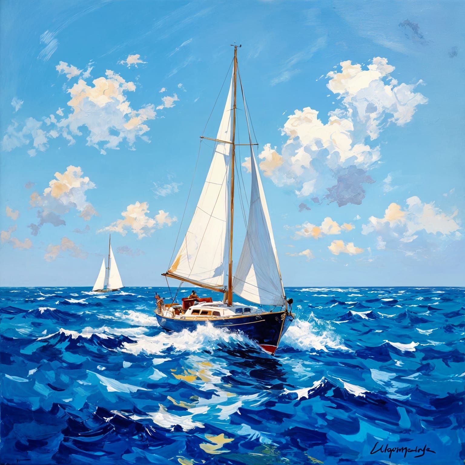 Sailboat on Azure Seas: An Impressionistic Oil Painting