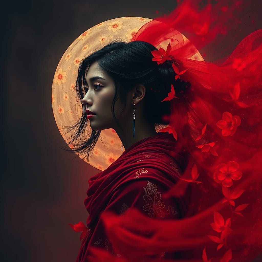 Mystical Red Moon Over Ethereal Landscape