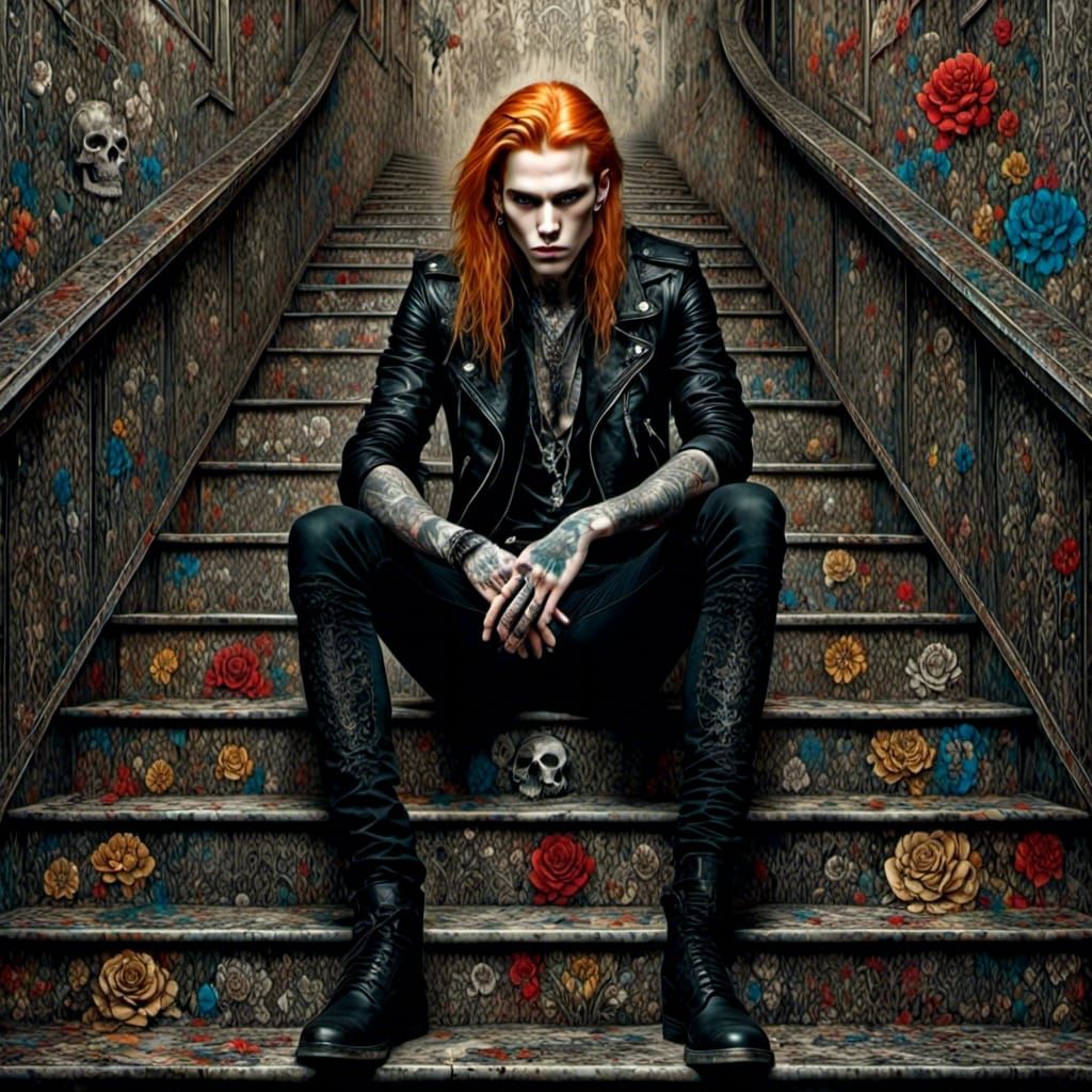 Decorated Goth Man with Tattoos in Gothic Interior