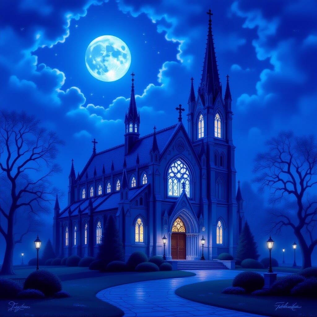 Gothic Church In Ethereal Blue Moonlight