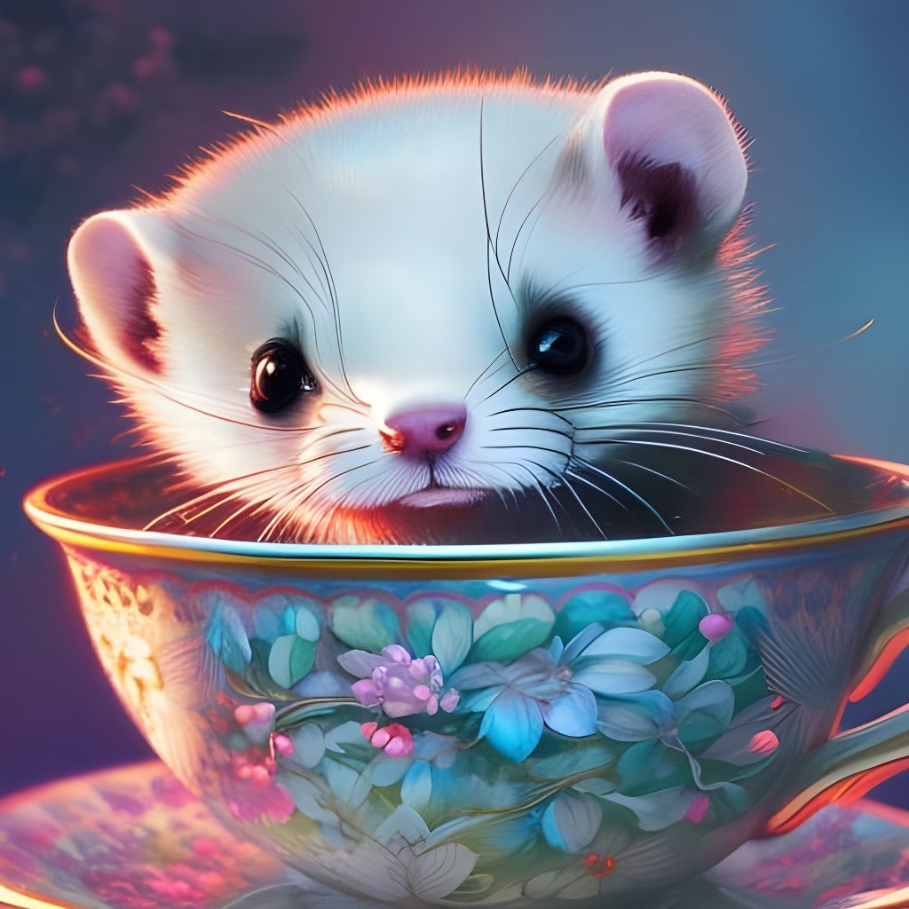 Cute Ferret Bathes in Teacup: Detailed Digital Art