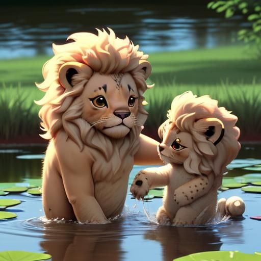 Fluffy Lion Cub Playing in Pond