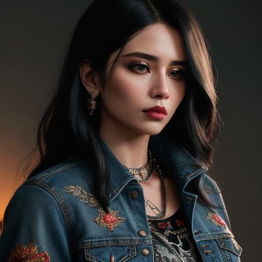 Embroidered Denim Jacket with QUEEN Patch, Detailed Photo