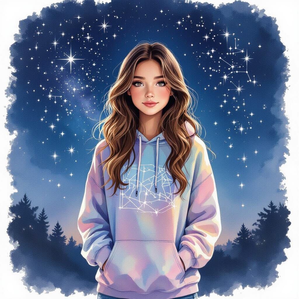 Teenage Girl Under Starry Night Sky in Watercolor Style
