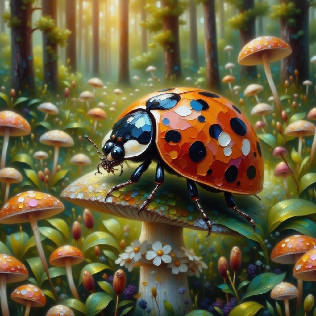 Ethereal Ladybug in Dreamlike Landscape
