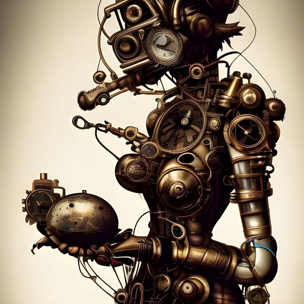 Steampunk Woman Merging with Clockwork Machine
