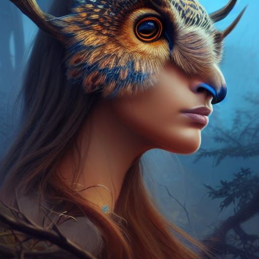 Beautiful Deer-Owl Girl: Fantasy Concept Art