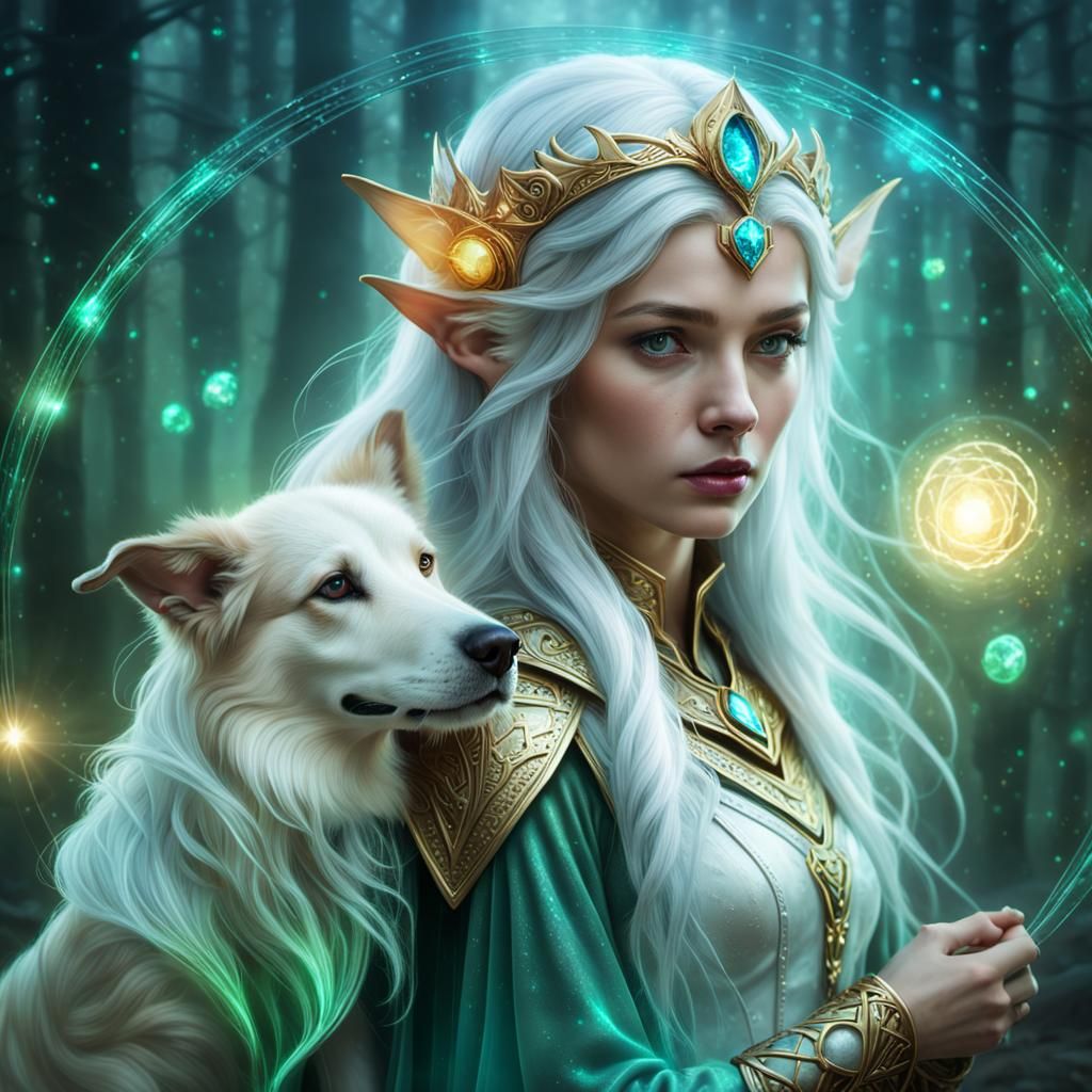 Elven Sorceress and Collie in Surrealist Art Style