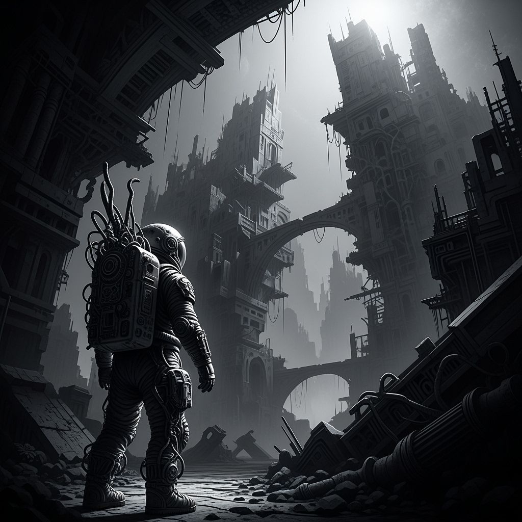 Astronaut Explores Ruins in Dramatic Grayscale Art