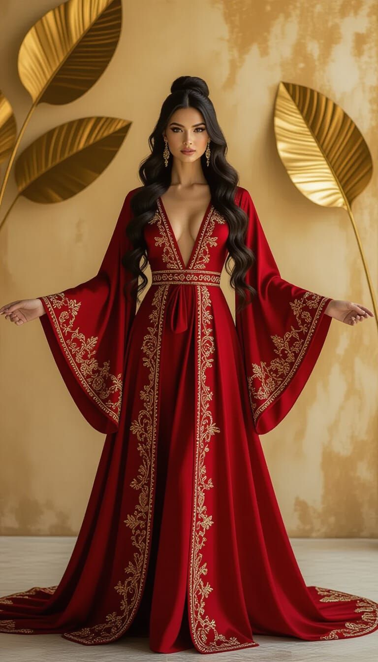 Woman in Red Silk Gown with Golden Embroidery