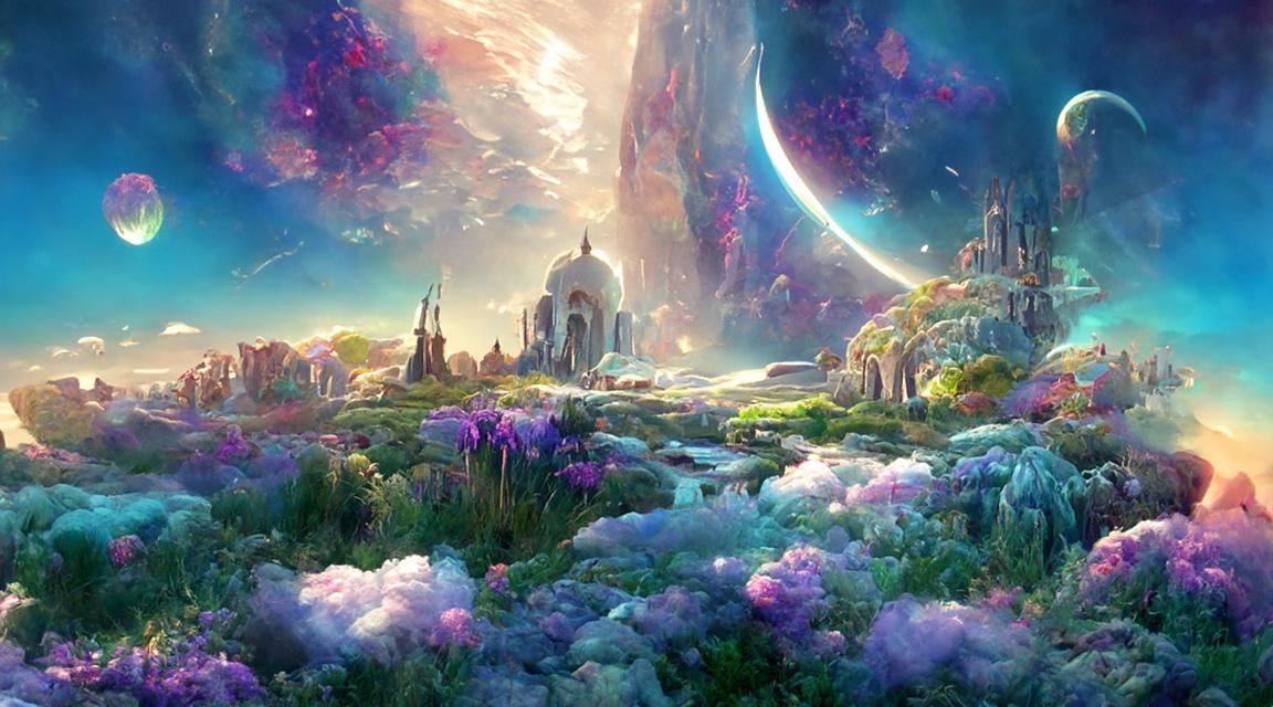 Iridescent Fantasy Landscape with Luminous Flowers