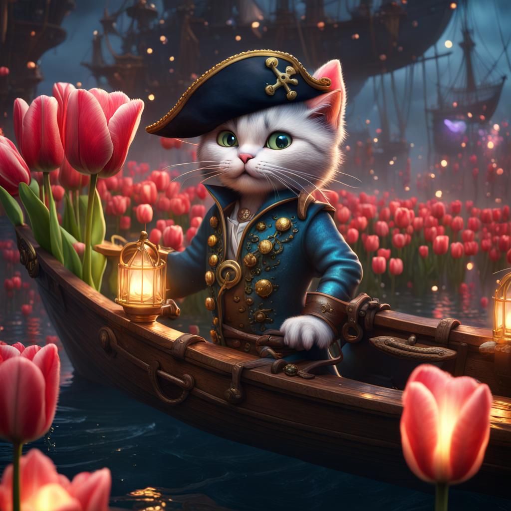 Illuminated Pirate Cat with Floating Tulips
