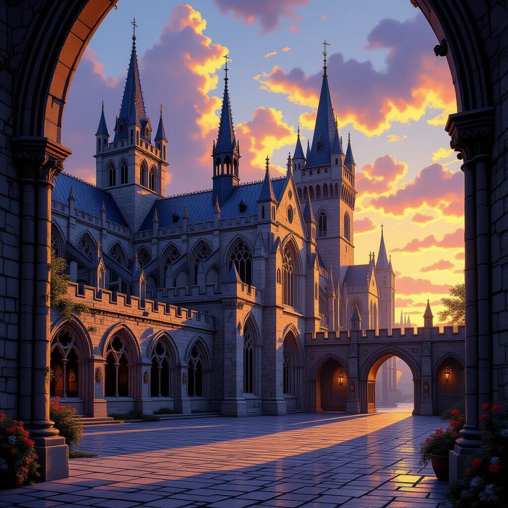 Medieval Cathedral Castle at Golden Hour Sunset
