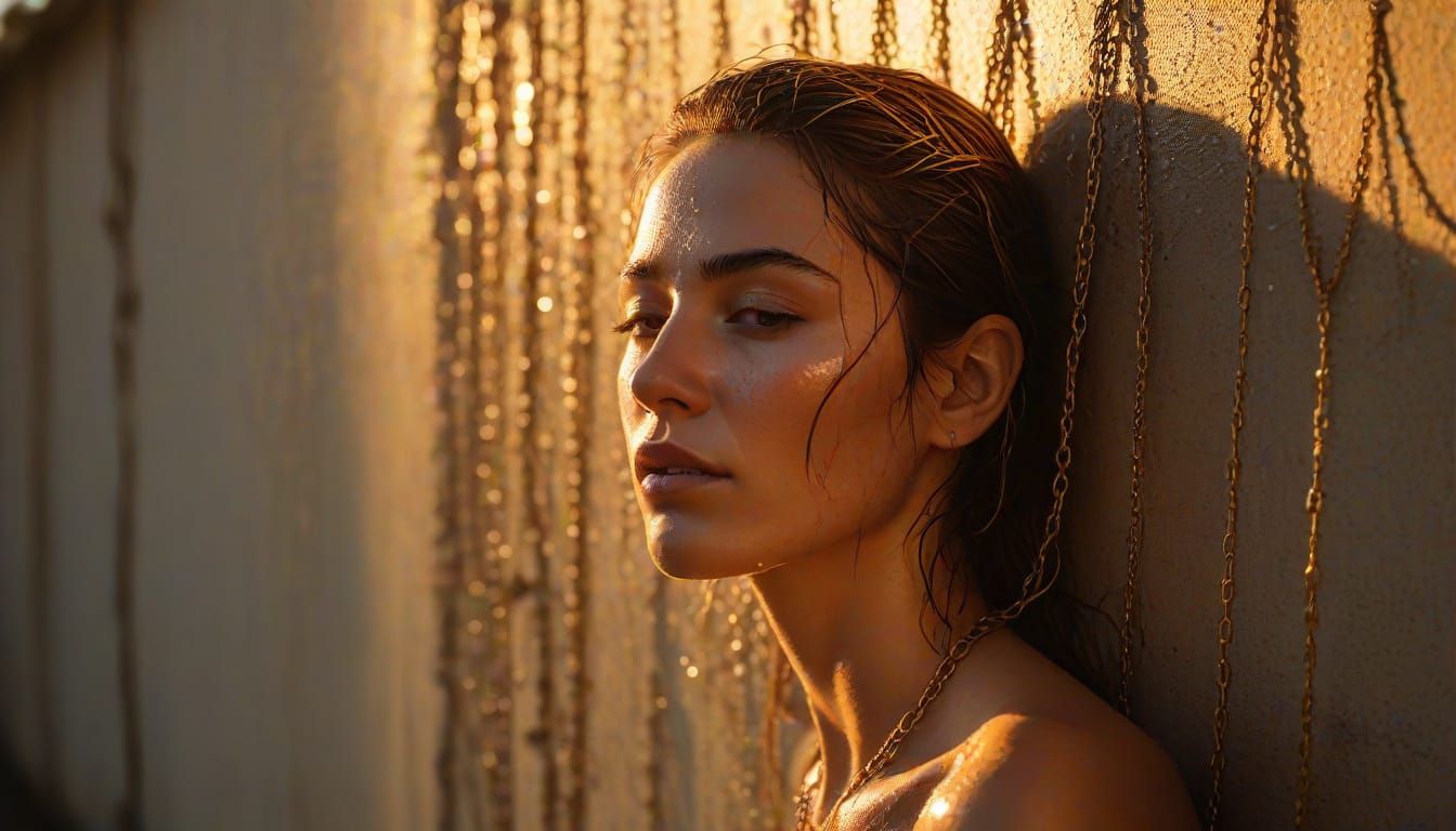 Golden Hour Portrait with Water Reflection and Peeling Wall