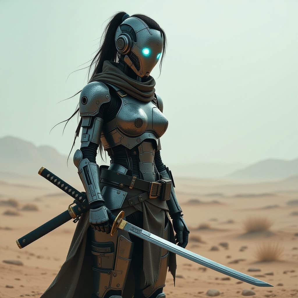Post-Apocalyptic Android Guarding Wasteland with Katana