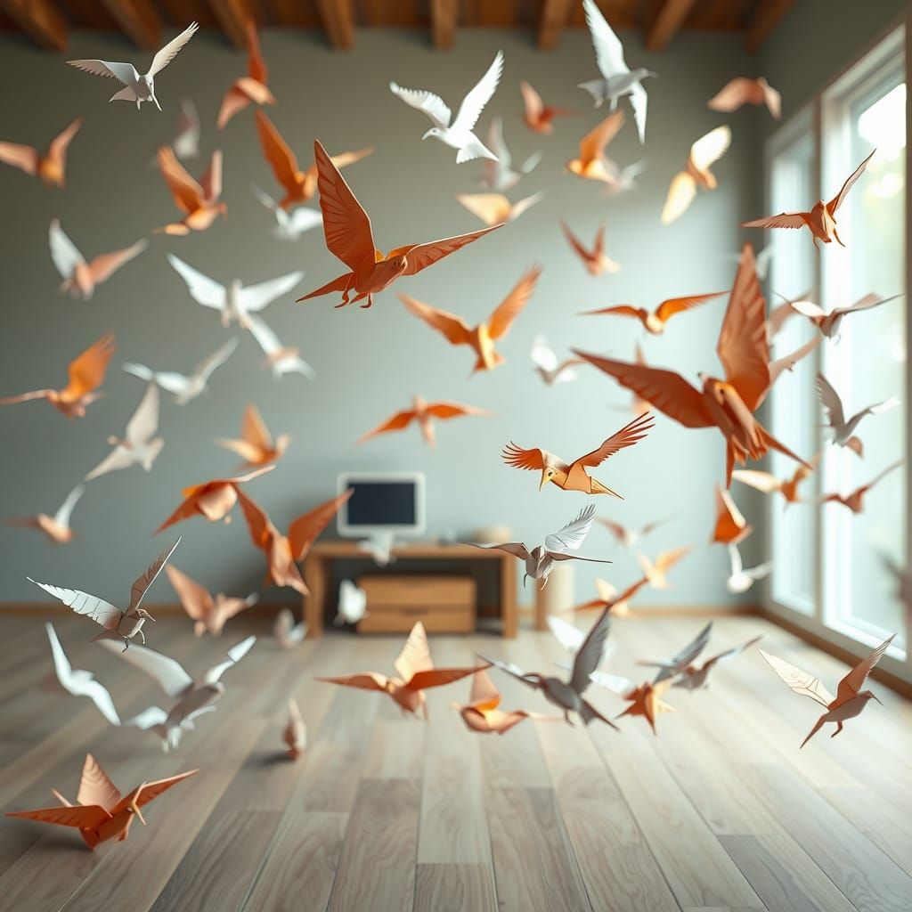 Origami Birds Soaring in a Room: Papercraft Art
