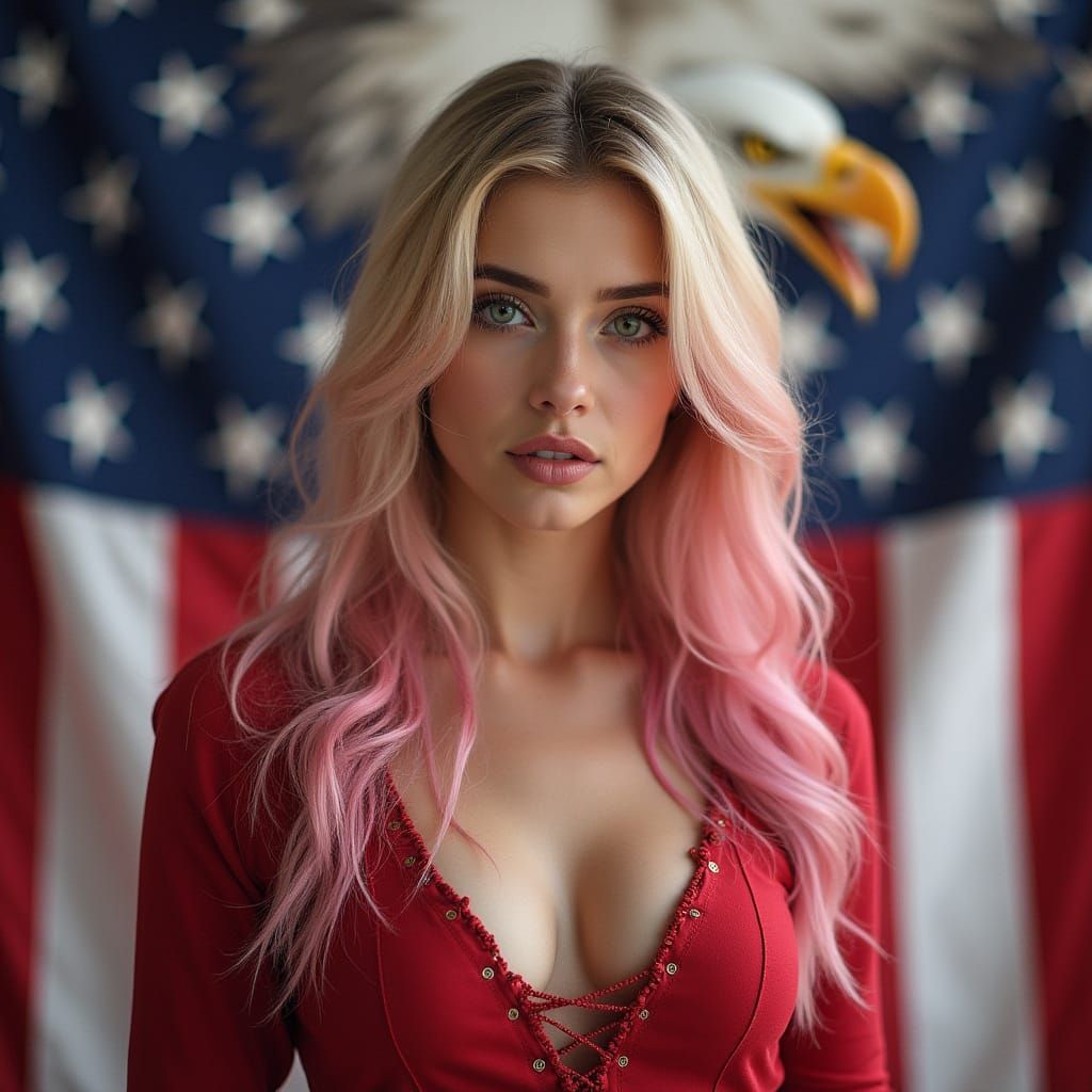 Blonde Woman in Patriotic Colors with American Flag