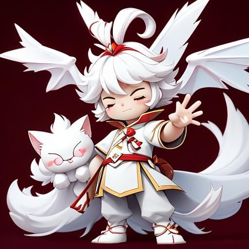 Chibi White Bobtail Cat Daydreaming in Sunbeam