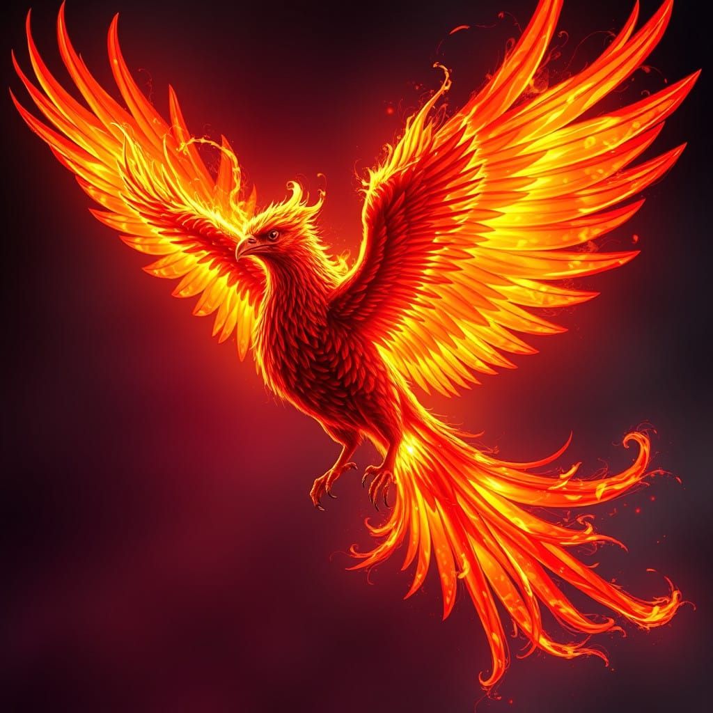 Surreal Phoenix Soars Through Fiery Skies in Cyberpunk Aesth...