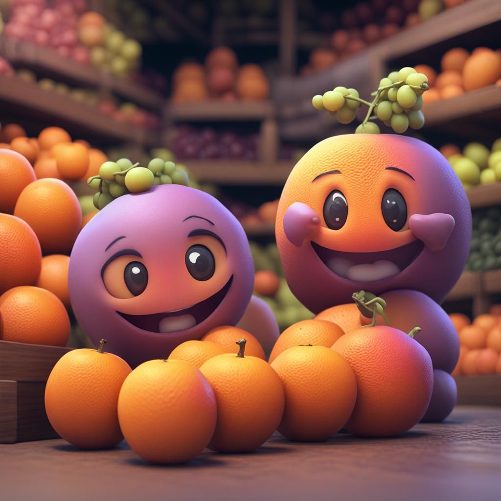 Chibi Fruit Characters in a Market Place