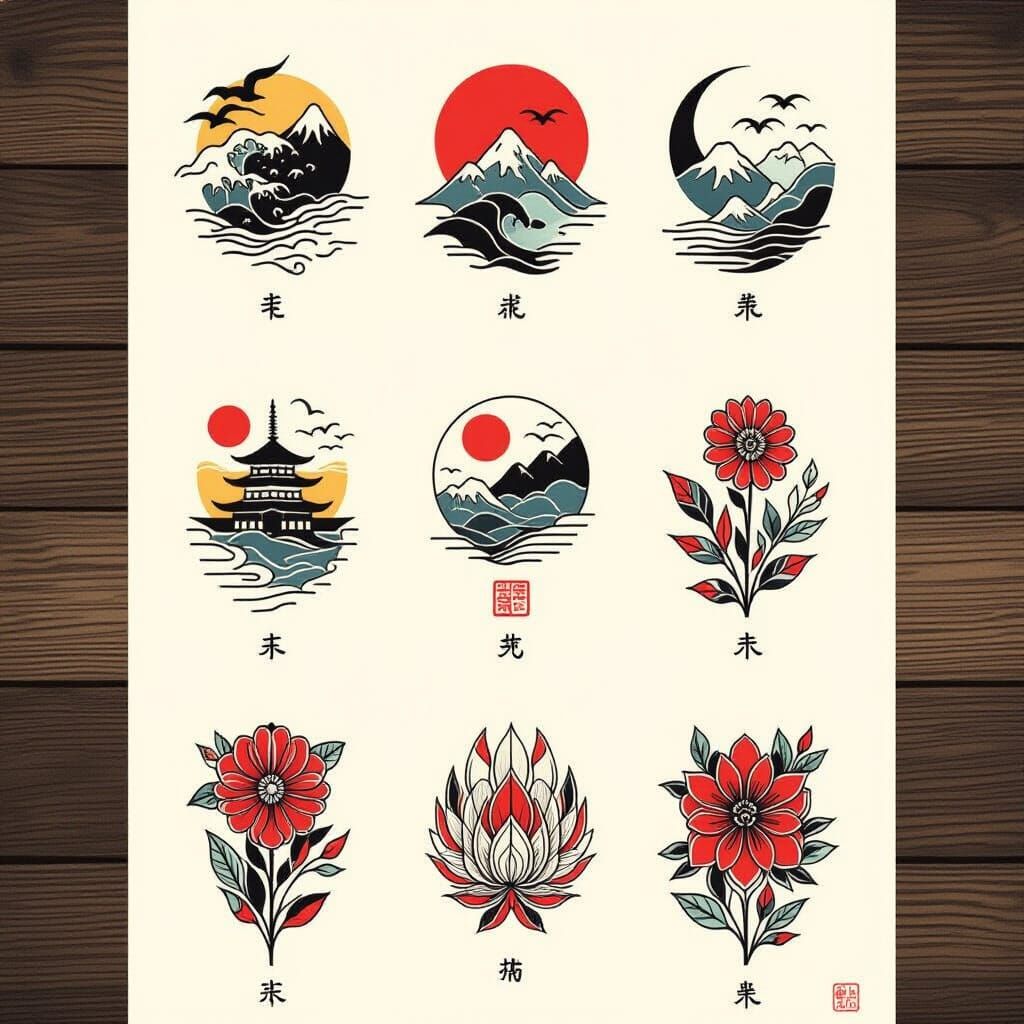 Minimalist Japanese Tattoo Designs on Sheet