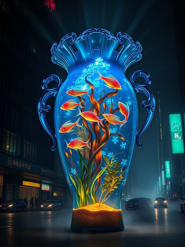 Bioluminescent Hot Alcohol Ink Vase with Cityscape