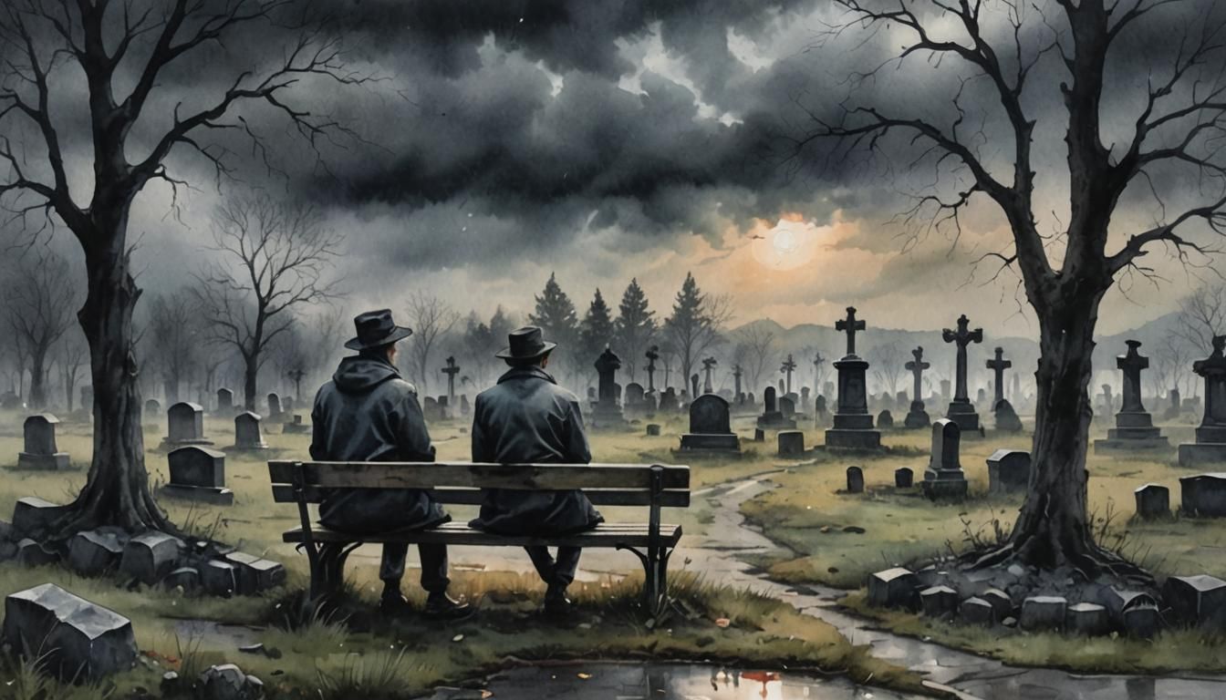 Watercolor Man Contemplates Cemetery Shadows