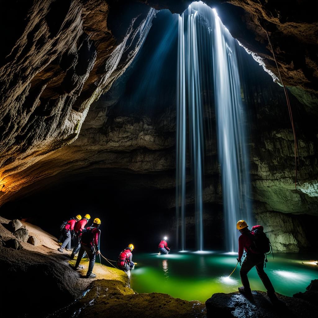 Spelunking Team Climbs Underground Waterfall