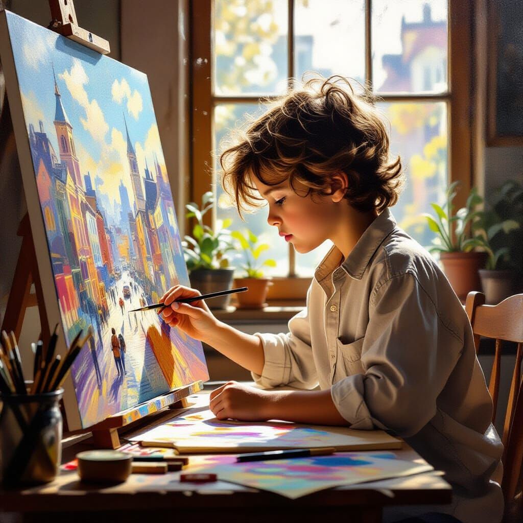 Child Prodigy Artist Drawing Vibrant Cityscape in Oil