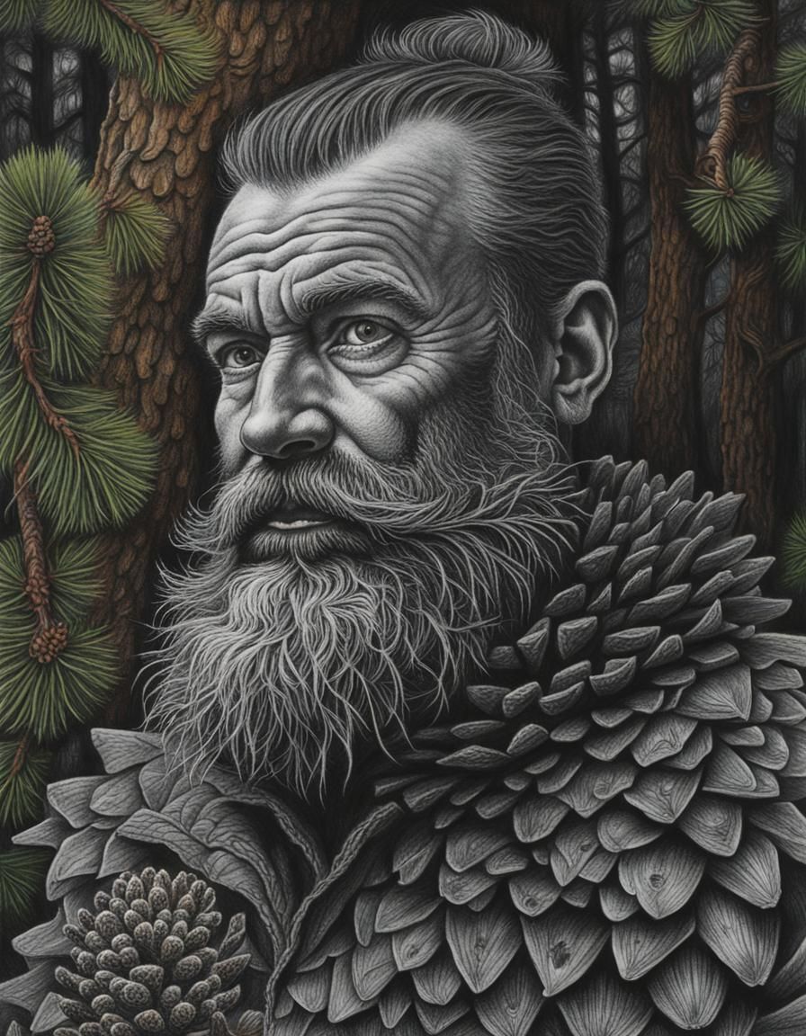 Hyperdetailed Charcoal Drawing of Pine-Tree-Man