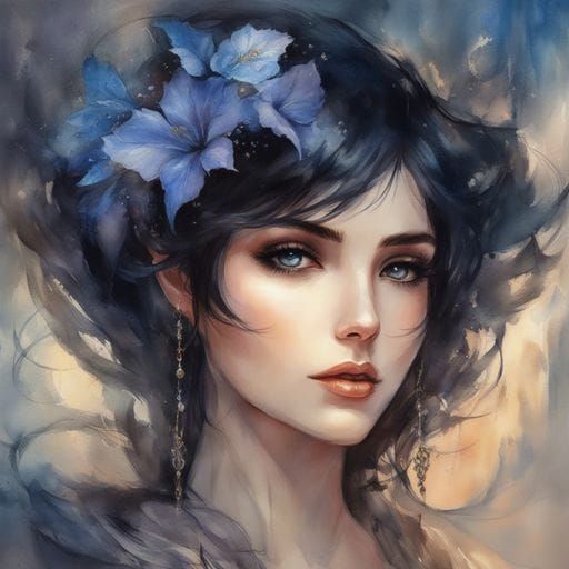 Beautiful Gothic Mistress Portrait in Watercolor Style