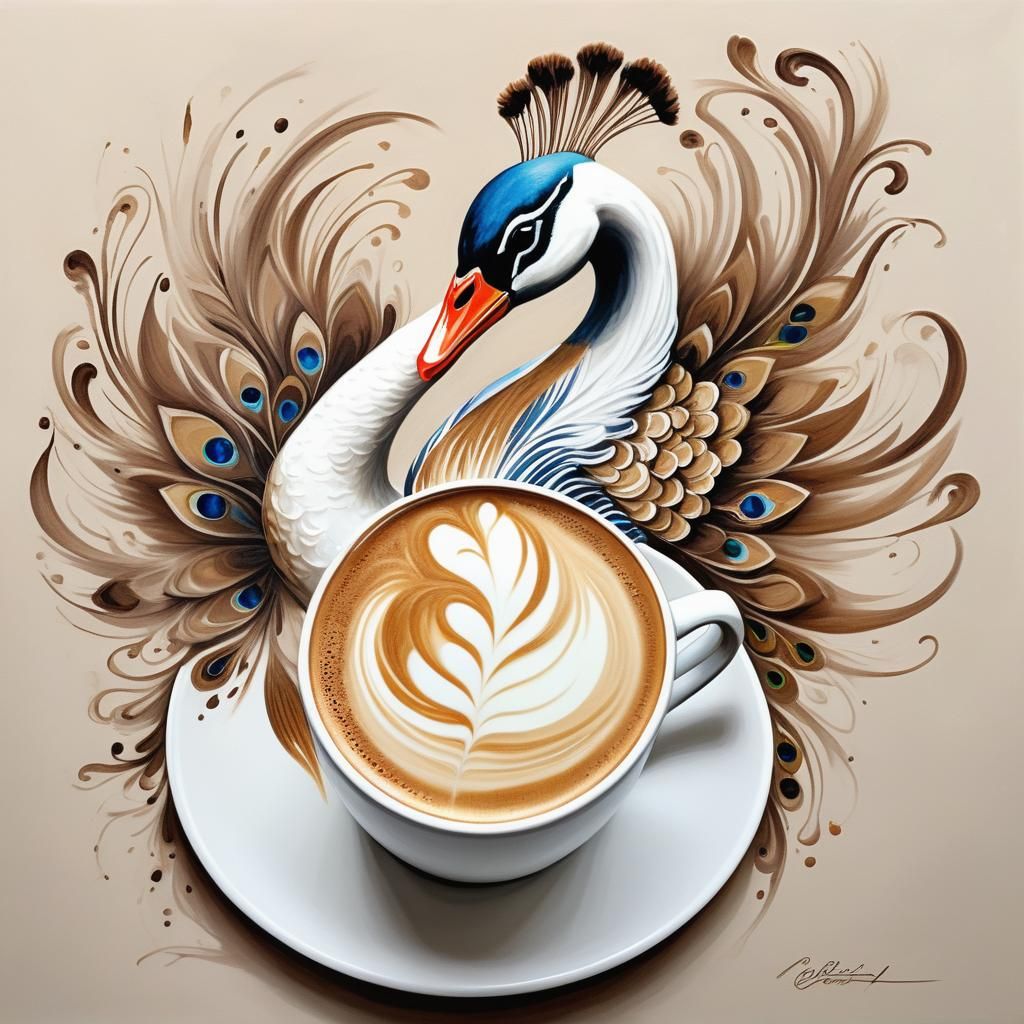Latte Art Swan and Peacock in Pencil Sketch Style