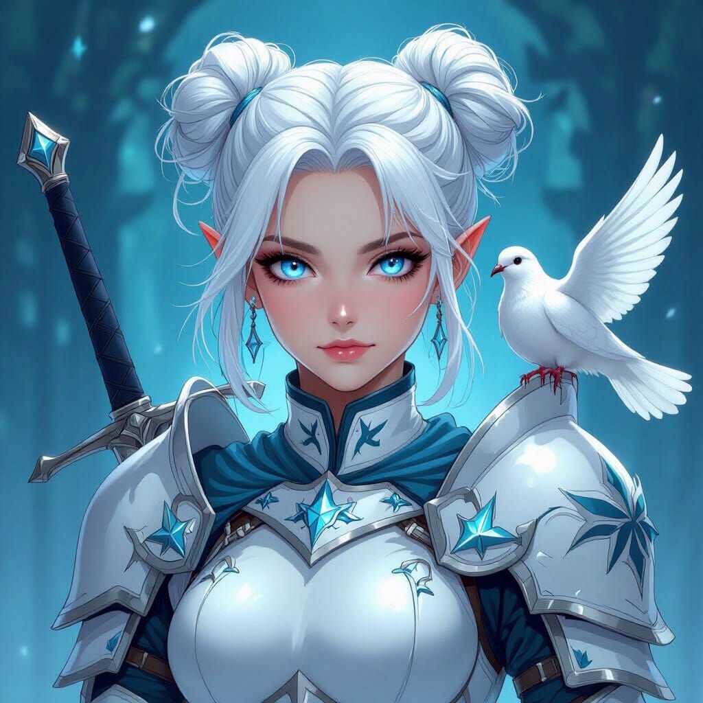 Aasimar Knight in White Armor with Cyan Accents