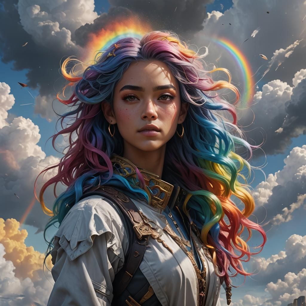 Girl with Rainbow Cloud Hair: Fantasy Concept Art