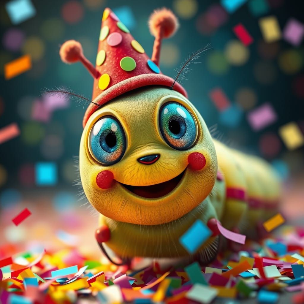 Cheerful Caterpillar Celebrates with Confetti: Hyperrealisti...