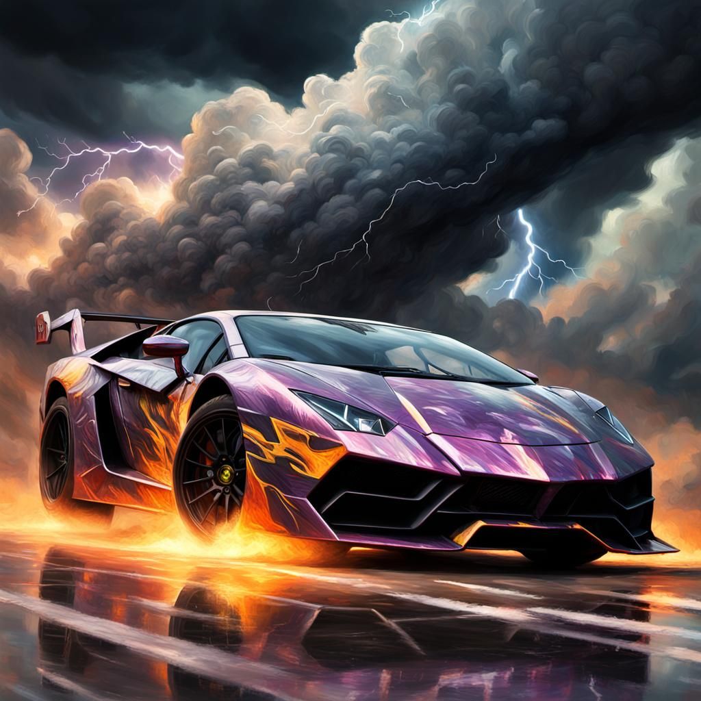 Grotesque Lamborghini Racecar in Space, Impasto Painting
