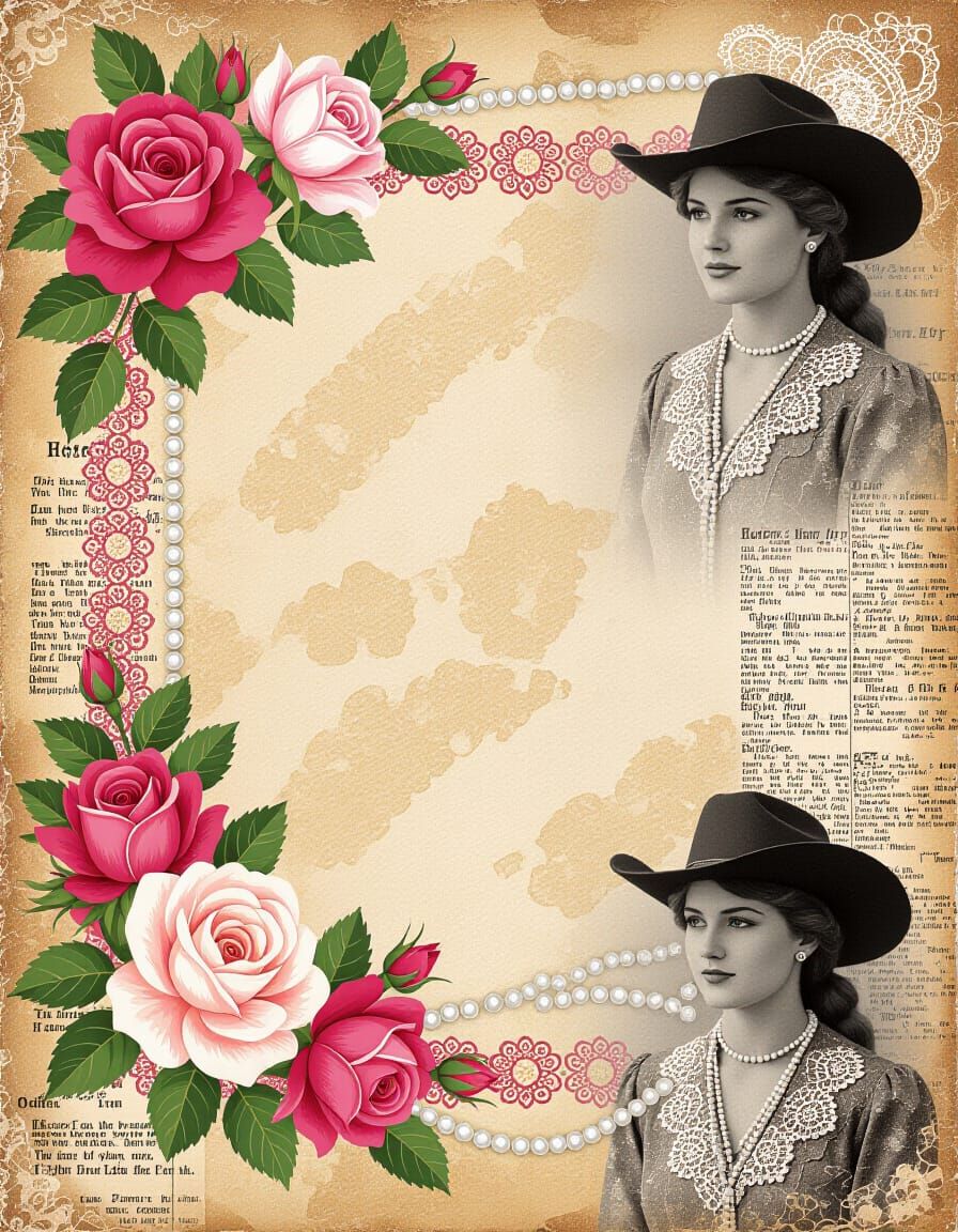 Vintage Western Cowgirl Collage with Watercolor Effects