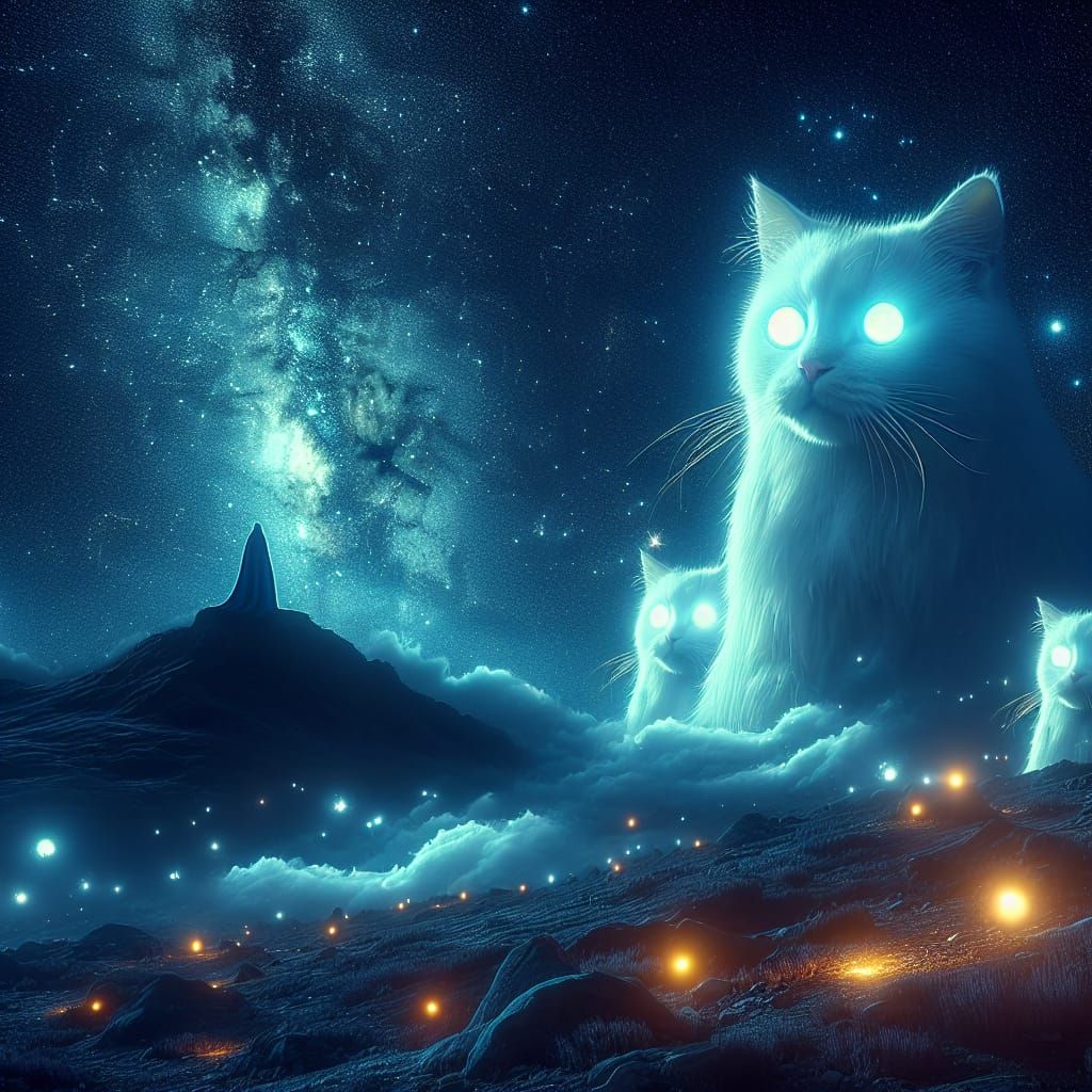 Surreal White Cats in a Starry Landscape