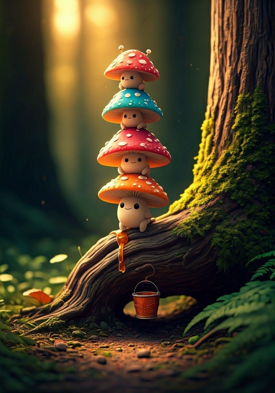 Cute Mushroom Creatures Harvest Maple Syrup in Enchanted For...