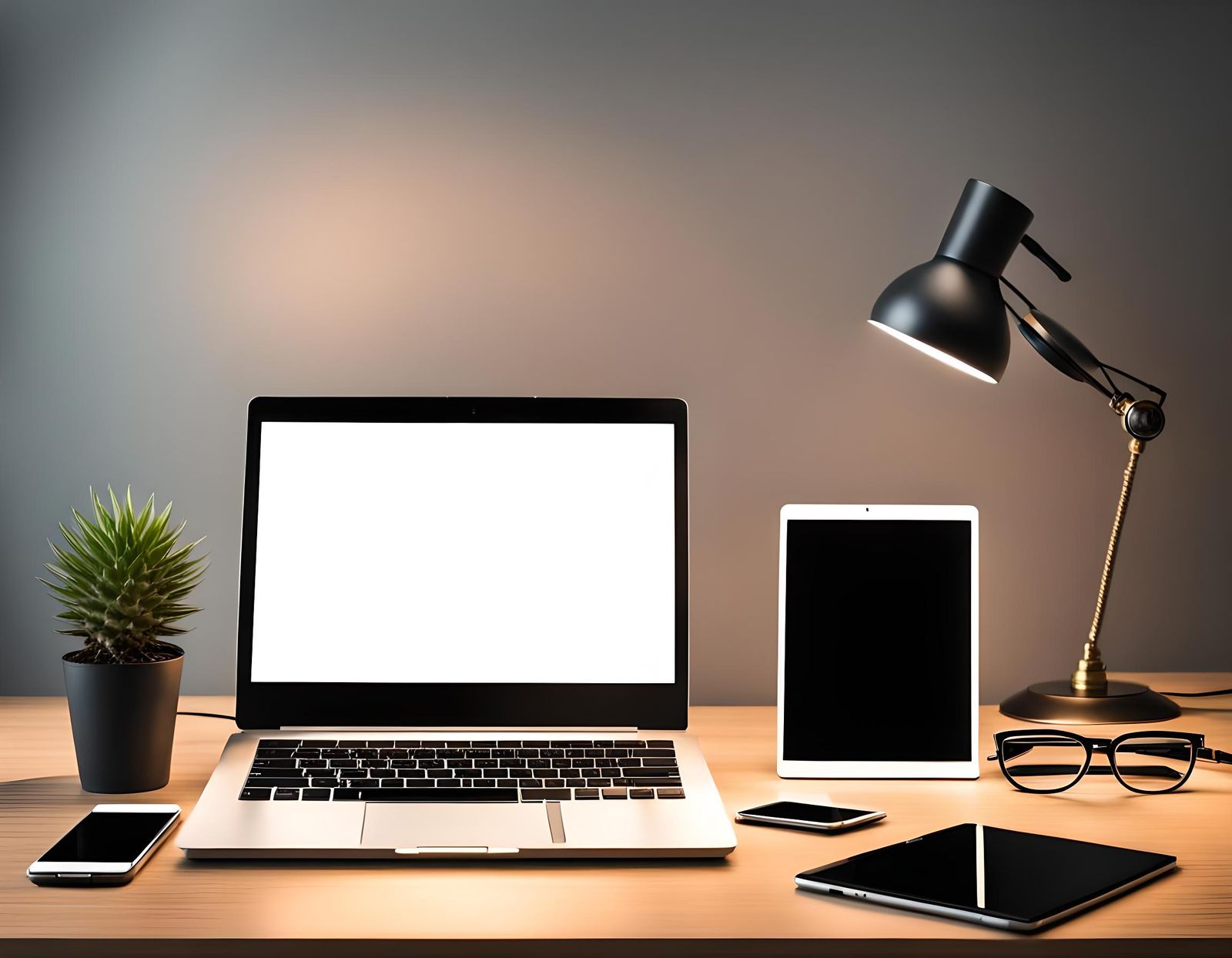 Workspace Still Life with Blank Laptop Screen