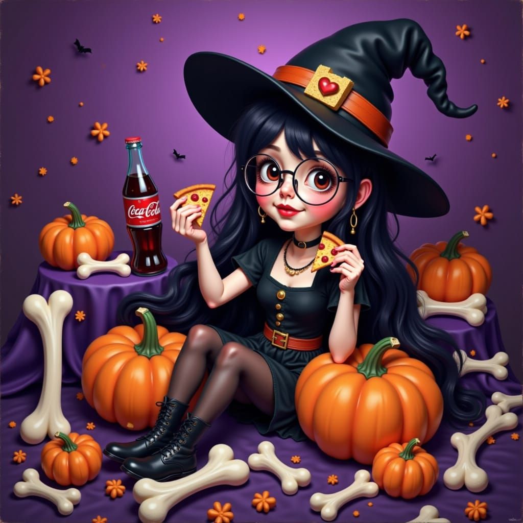 Adorable Emo Goth Witch and Cat on Bone Bed