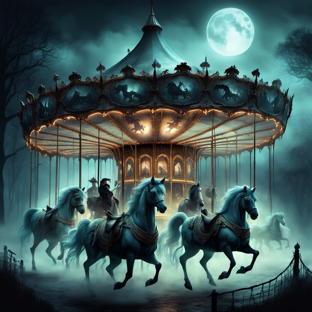 Spooky Carousel in Misty Haunted Forest at Twilight