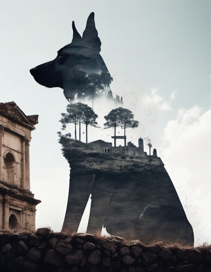 Dog Silhouette with Double Exposure Effect, Surrealist Poste...