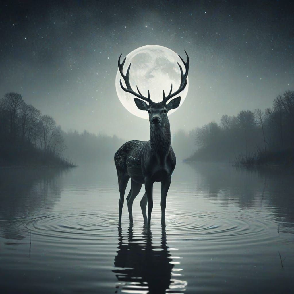 Monochrome Deer with Star Antlers in Moonlit Lake