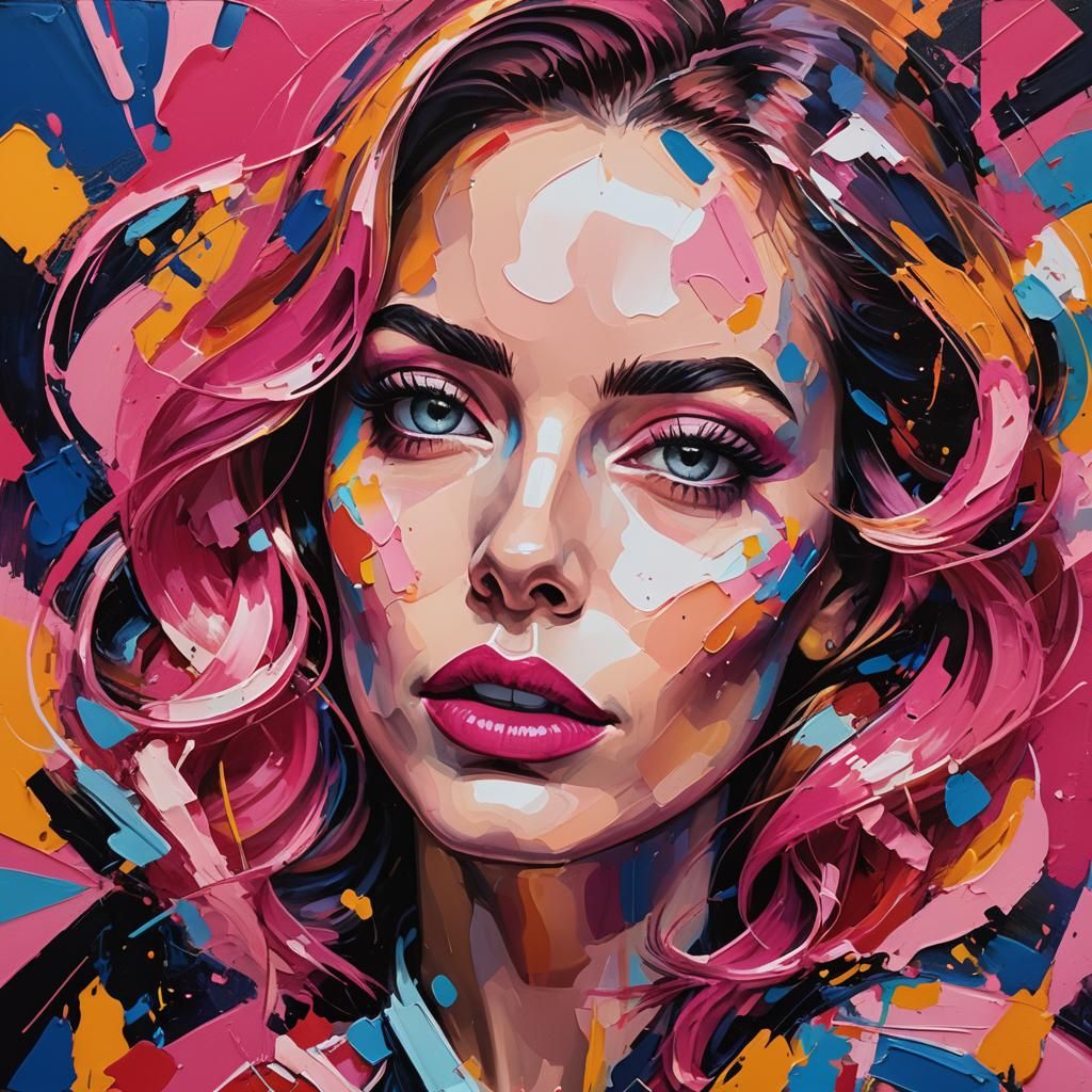 Vibrant Pop Art Portrait of Woman with Intense Expression