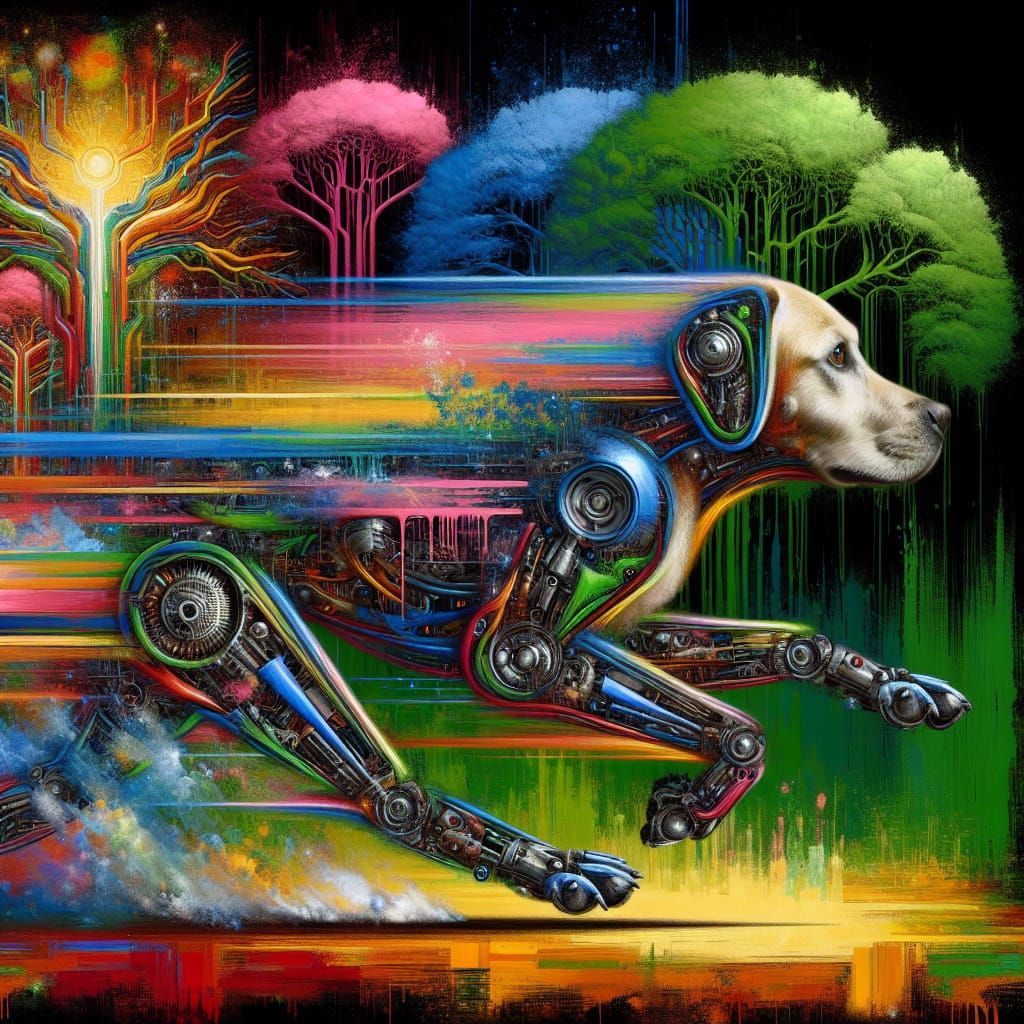 Cybernetic Labrador in Futuristic Forest