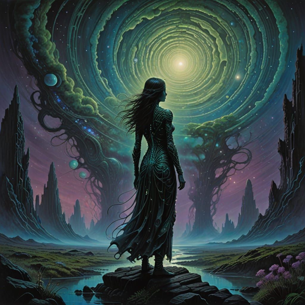 Lone Woman on Alien Planet Under Nebula