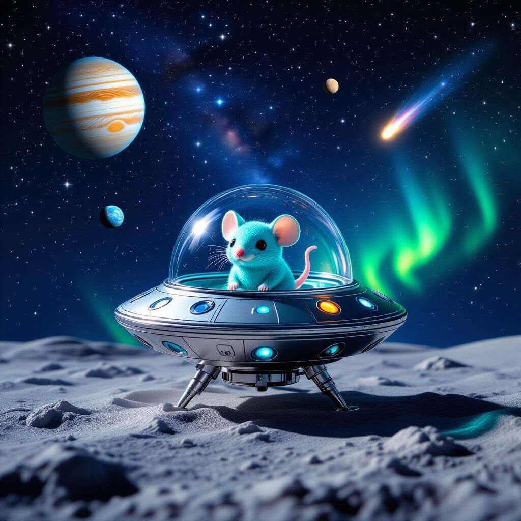 Alien Spaceship with Chibi Mouse on Moon